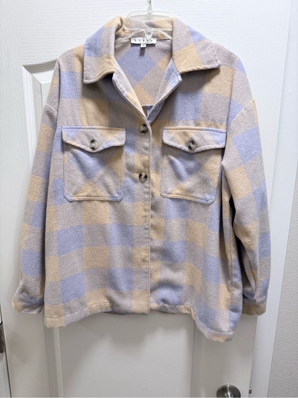 HYFVE Beige & Lavender Plaid Teddy Shacket